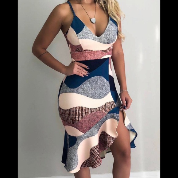 Dresses & Skirts - Moon Blue Print Asymmetrical Bodycon Midi Dress